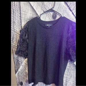 Alice Blue Black Textured Top with Lace Sleeves